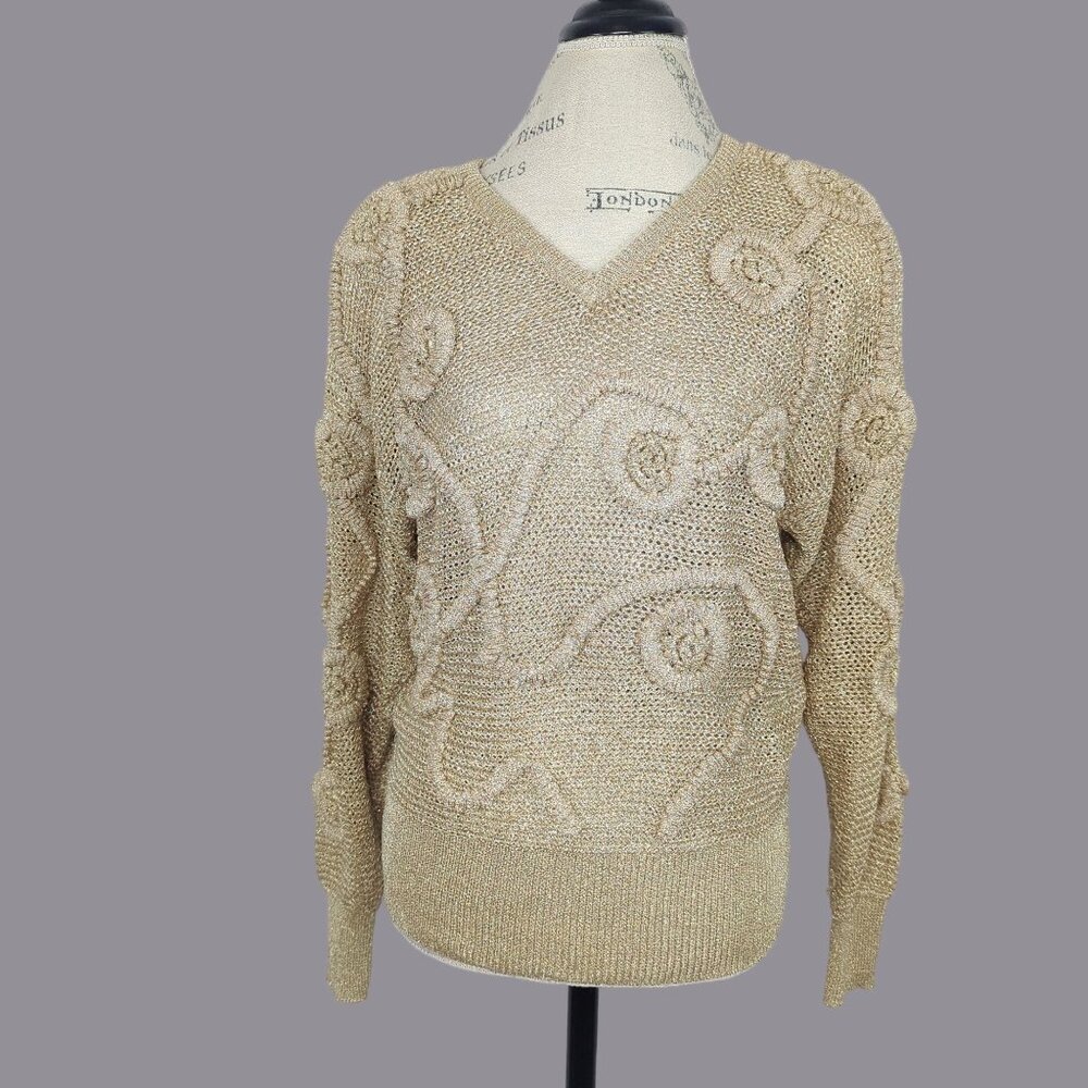 Vintage 80s Suzelle Gold Knit Sweater Medium Textured